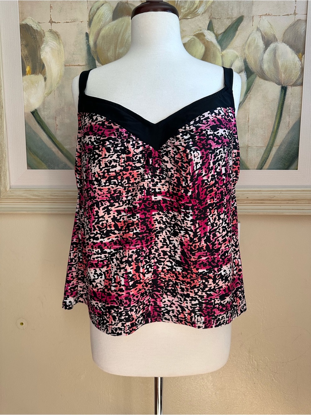 Women's sz XL Black Pink Swimsuit Top Tankini Built in Bra
